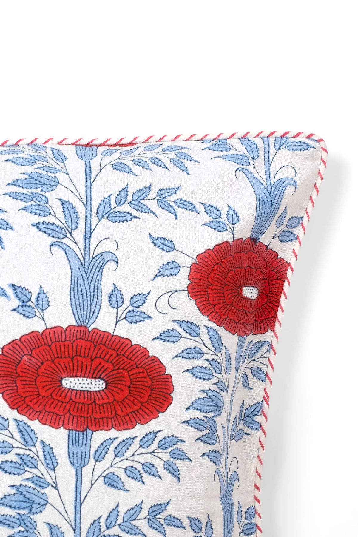 Detail of the Knollwood red block print floral pillow cover