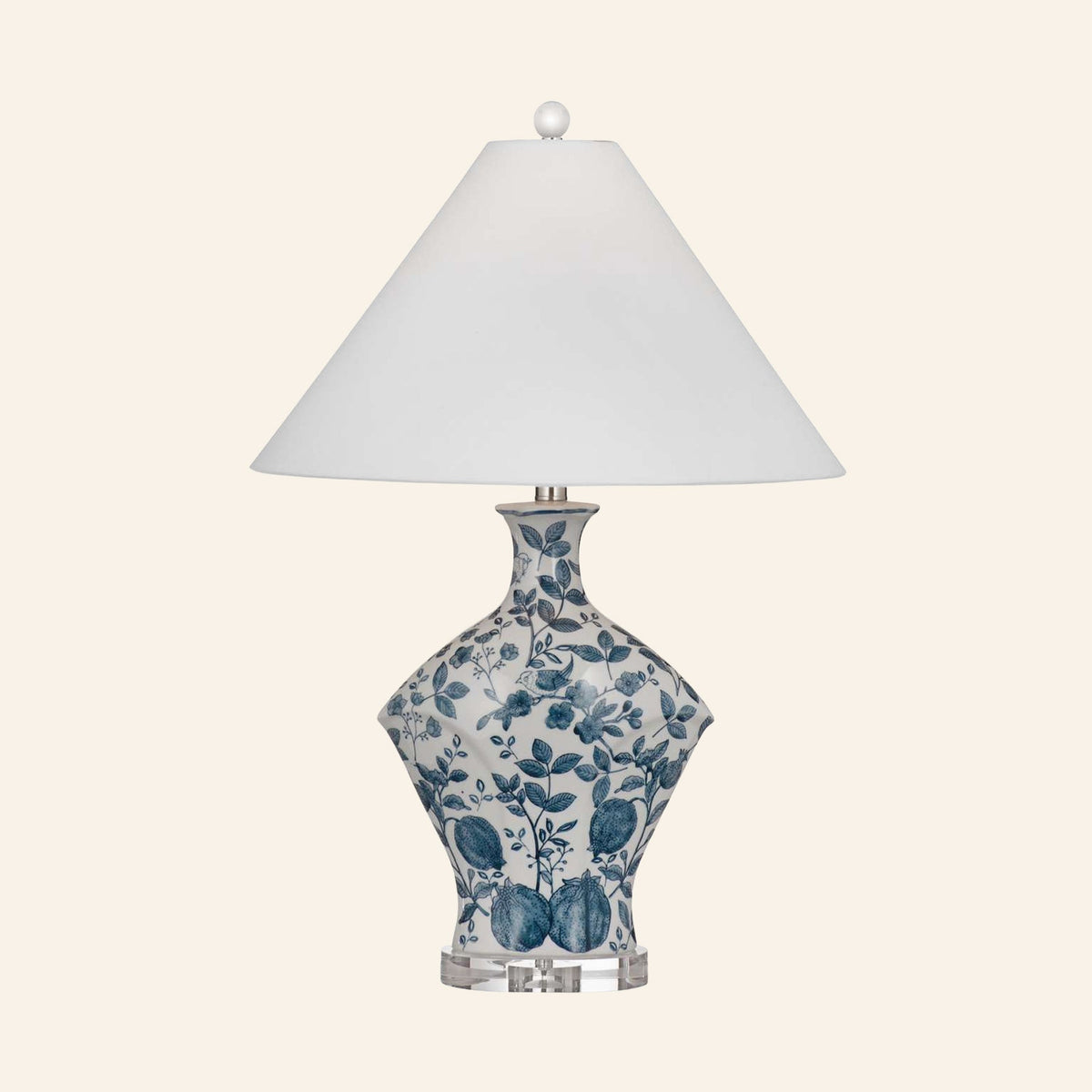Georgiana blue and white chinoiserie ceramic table lamp with a standard white hardback shade.