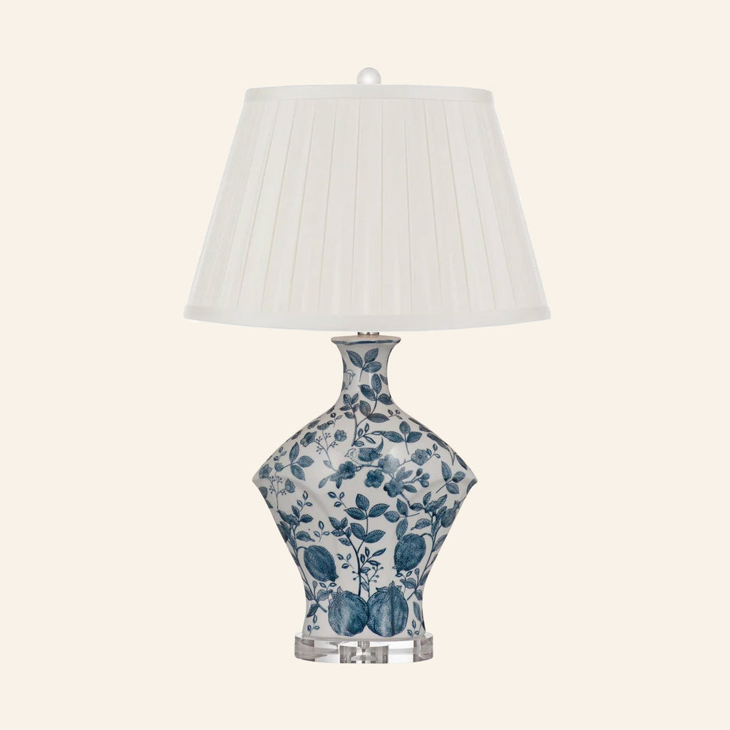Georgiana blue and white chinoiserie ceramic table lamp with a Brook Cream silk box pleat shade.