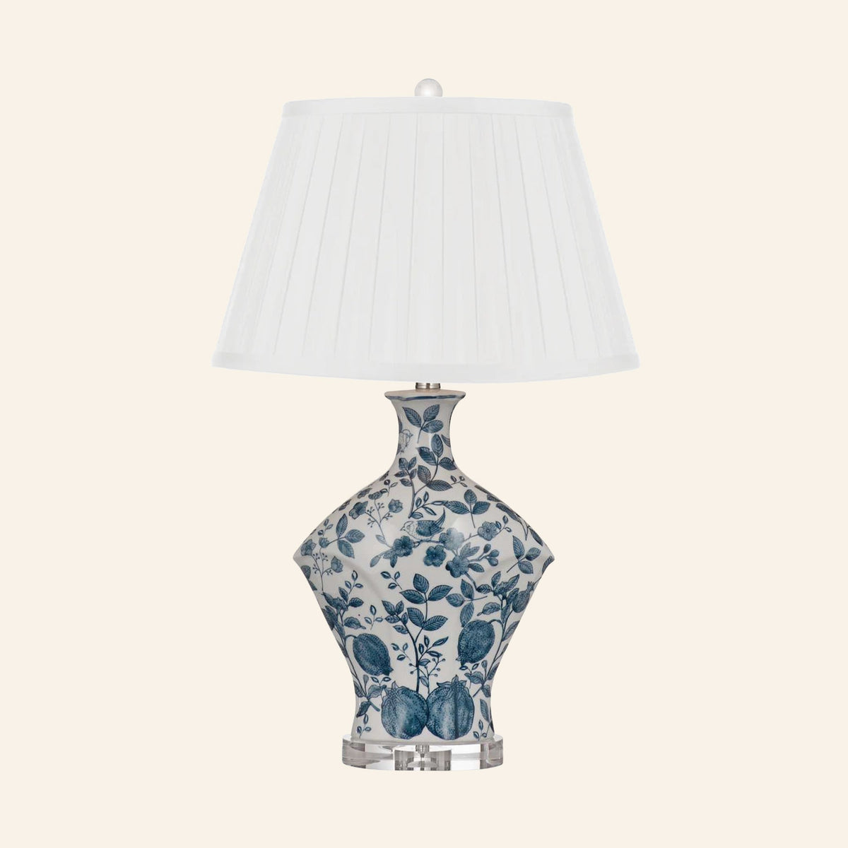 Georgiana blue and white chinoiserie ceramic table lamp with a Brook Off-White silk box pleat shade.