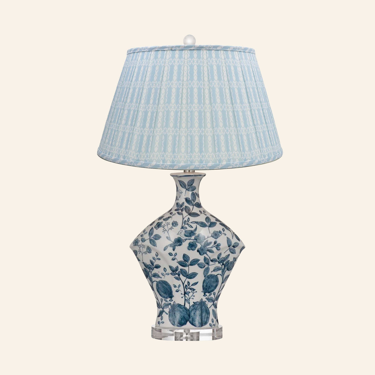 Georgiana blue and white chinoiserie ceramic table lamp with an Eastwood Blue print pleated shade.