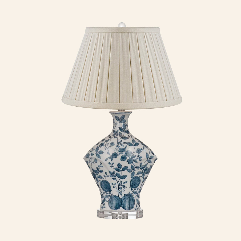 Georgiana blue and white chinoiserie ceramic table lamp with a Heath Cream linen box pleat shade.