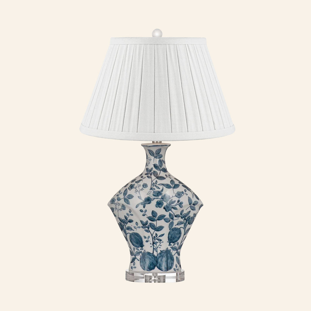 Georgiana blue and white chinoiserie ceramic table lamp with a Heath White linen box pleat shade.