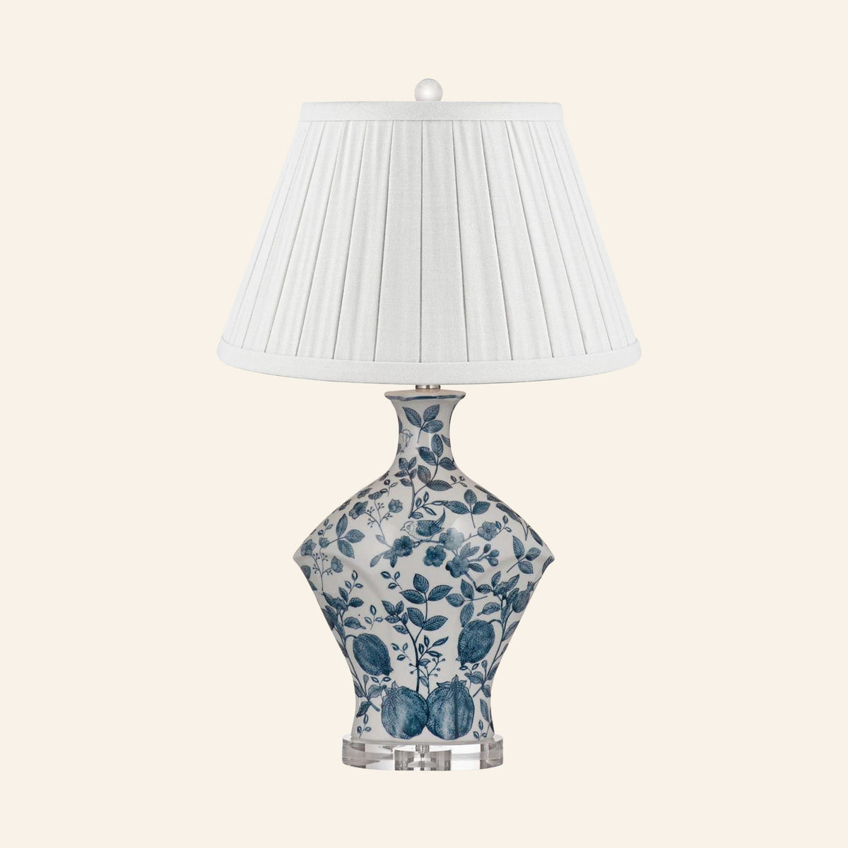 Georgiana blue and white chinoiserie ceramic table lamp with a Heath White linen box pleat shade.