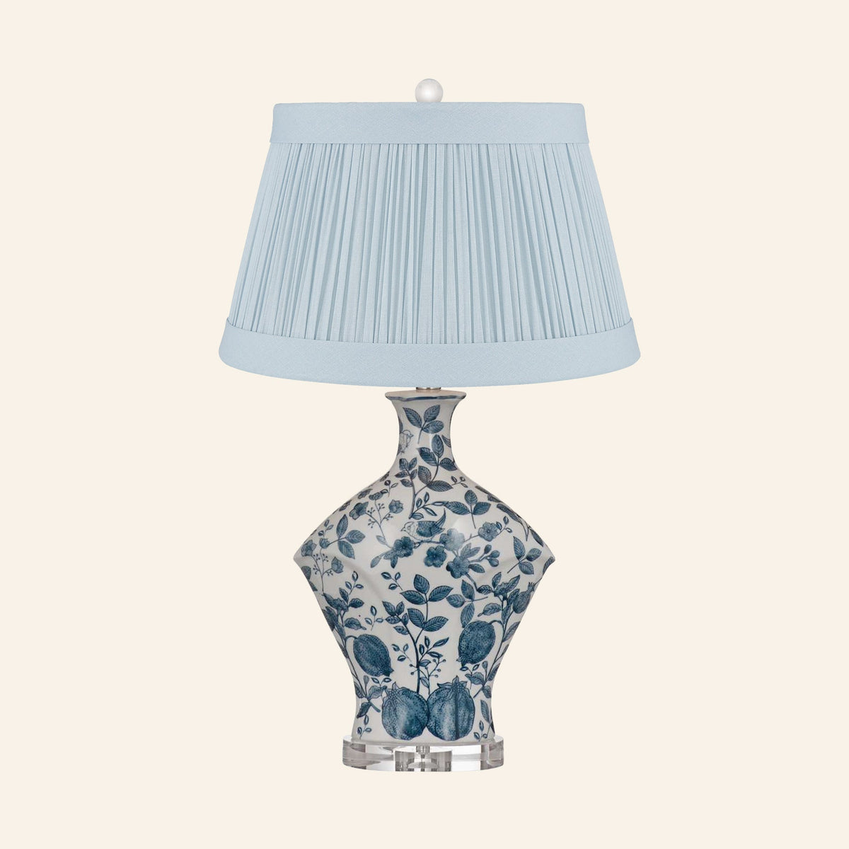 Georgiana blue and white chinoiserie ceramic table lamp with a Hill Blue linen pleated shade.