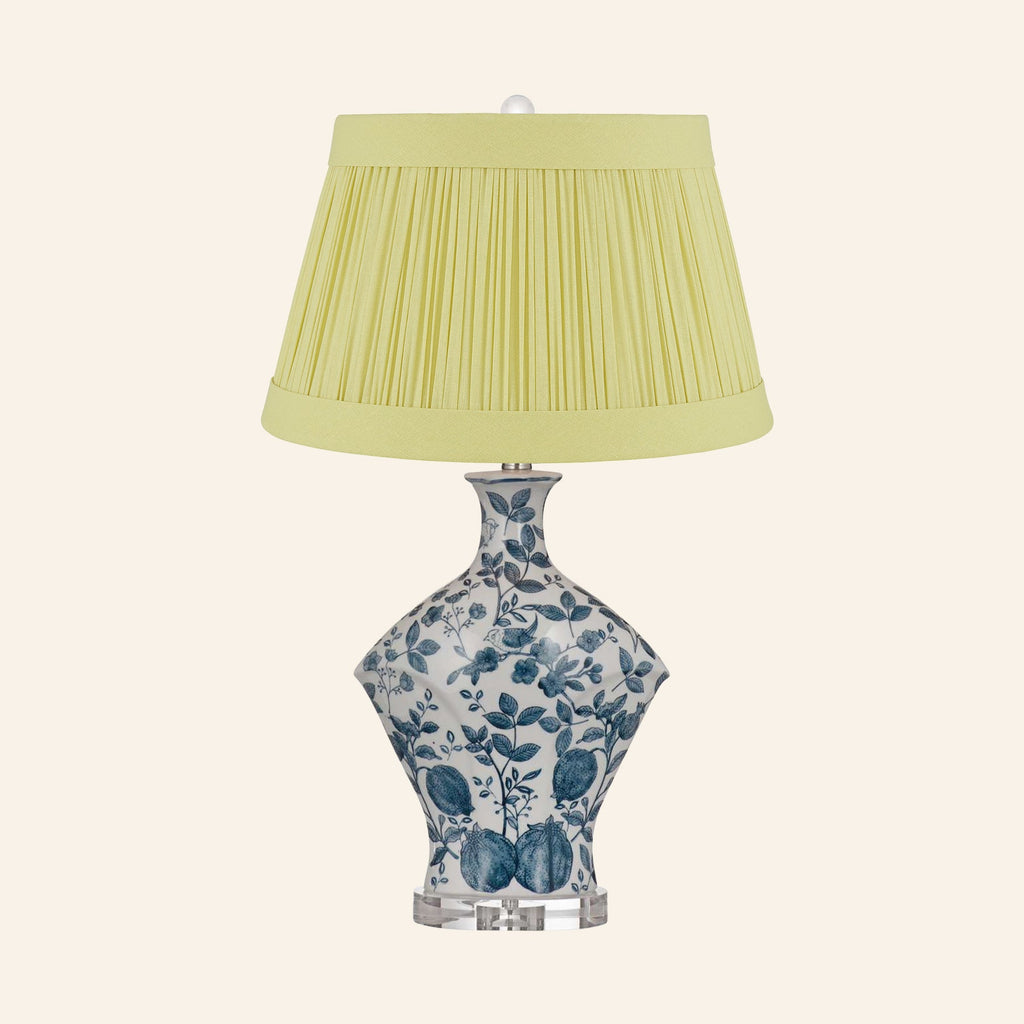 Georgiana blue and white chinoiserie ceramic table lamp with a Hill Citron linen pleated shade.