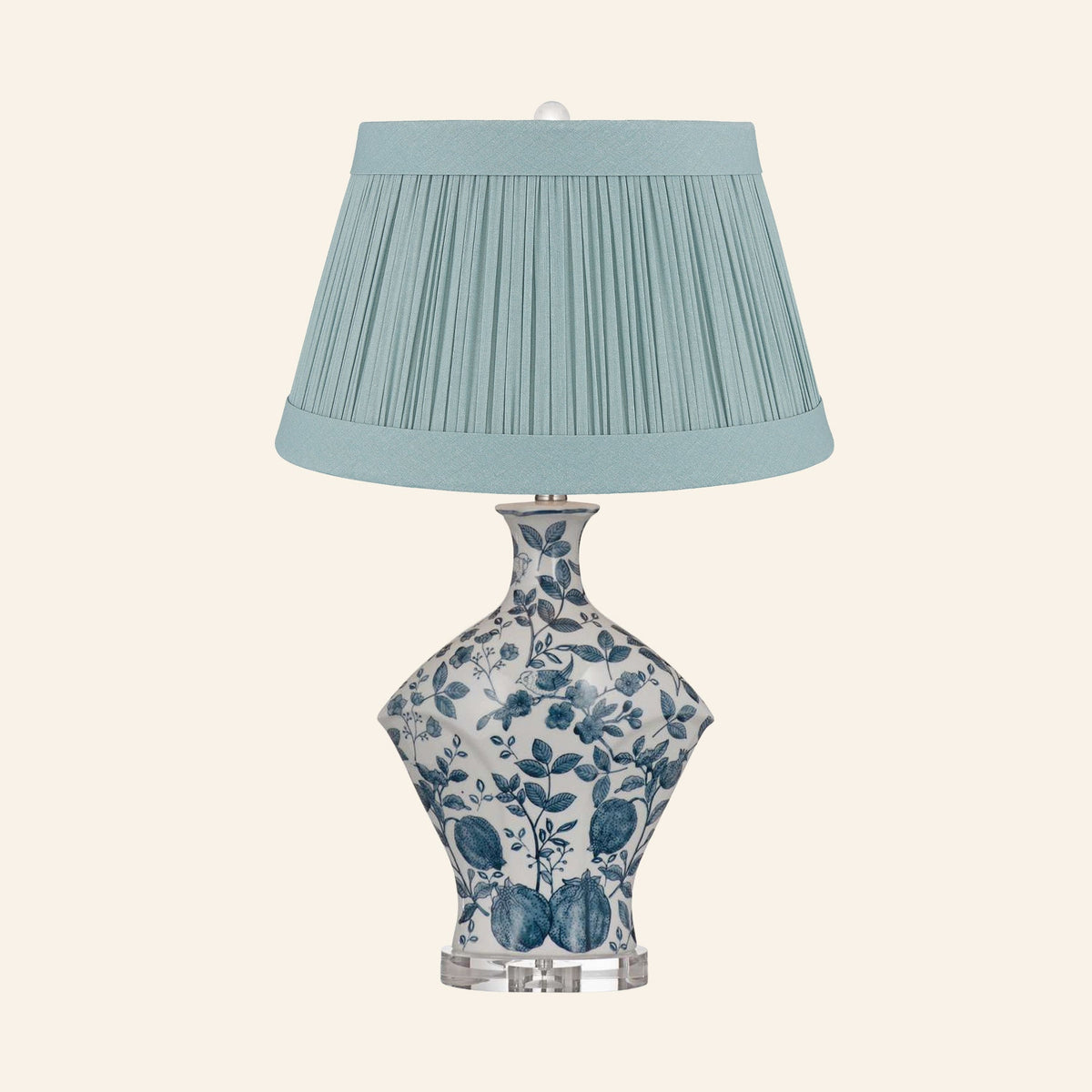 Georgiana blue and white chinoiserie ceramic table lamp with a Hill Teal linen pleated shade.