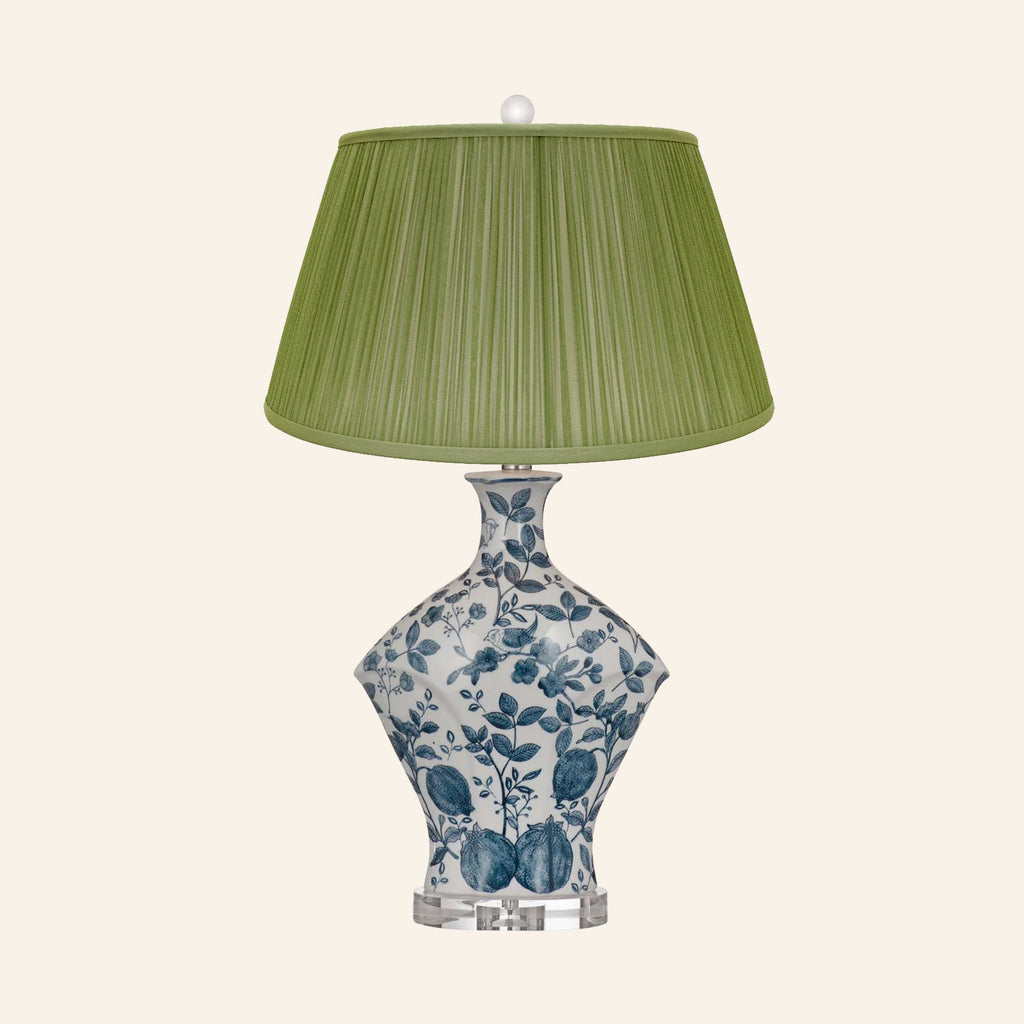 Georgiana blue and white chinoiserie ceramic table lamp with a Park Green silk pleated shade.