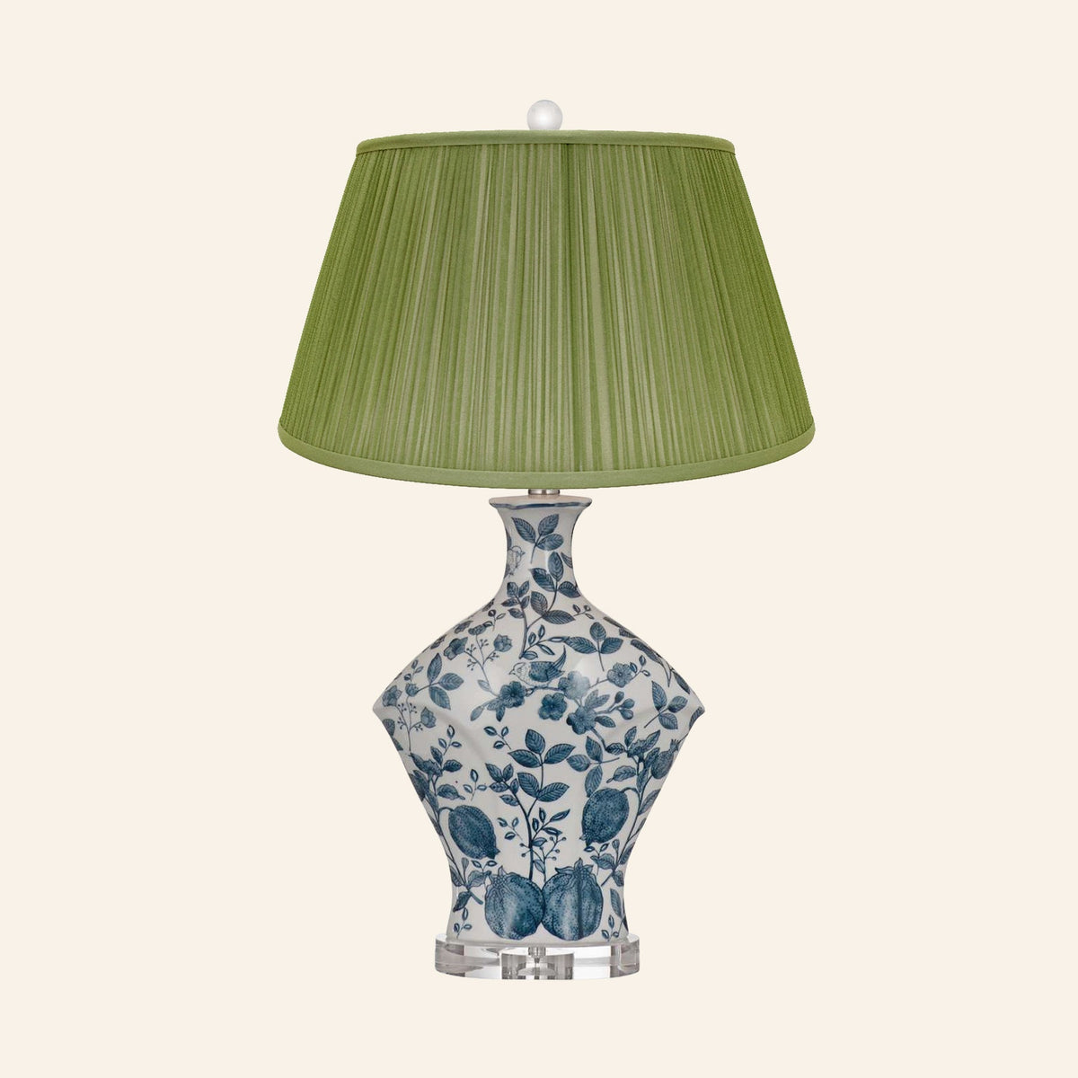 Georgiana blue and white chinoiserie ceramic table lamp with a Park Green silk pleated shade.