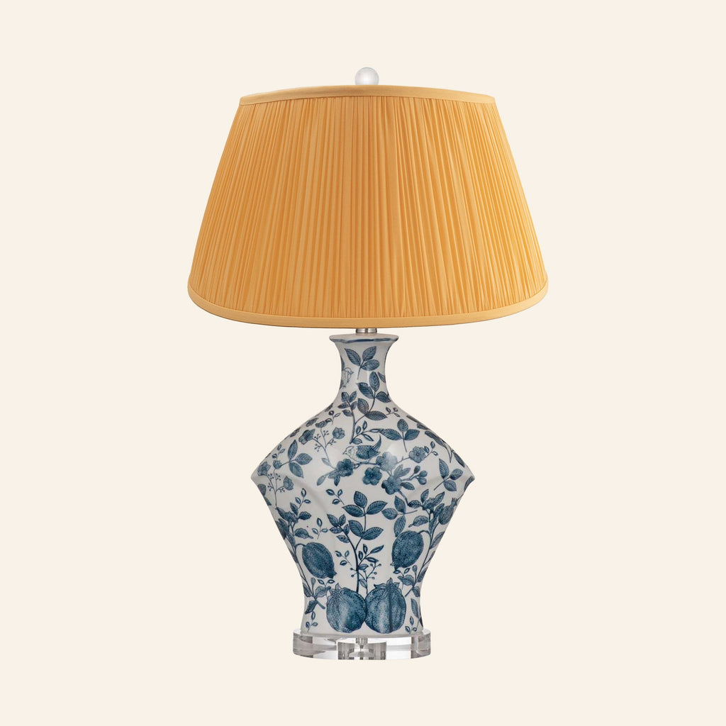 Georgiana blue and white chinoiserie ceramic table lamp with a Park Orange silk pleated shade.
