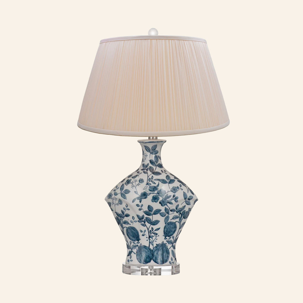 Georgiana blue and white chinoiserie ceramic table lamp with a Park Peach silk pleated shade.