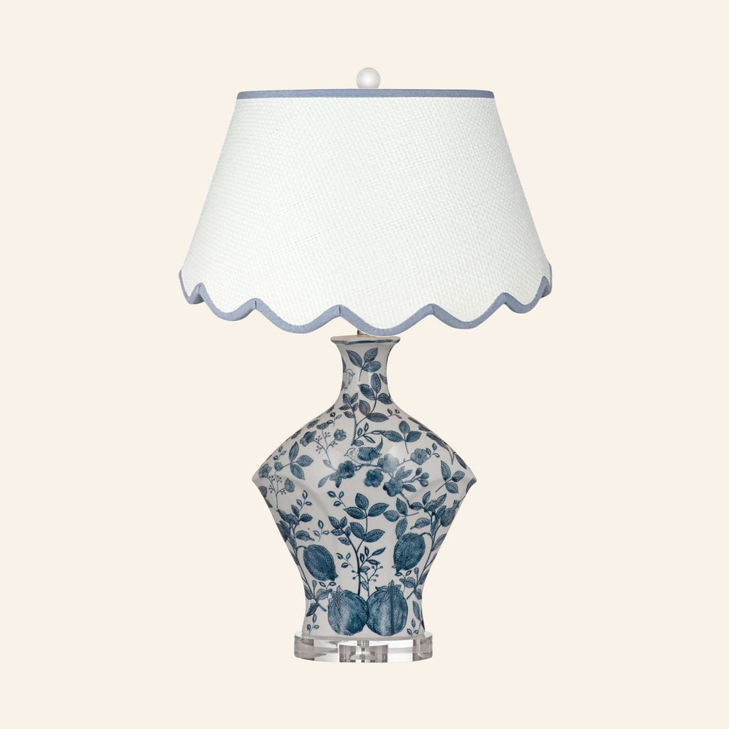 Georgiana blue and white chinoiserie ceramic table lamp with a Pemberton Blue scalloped shade.