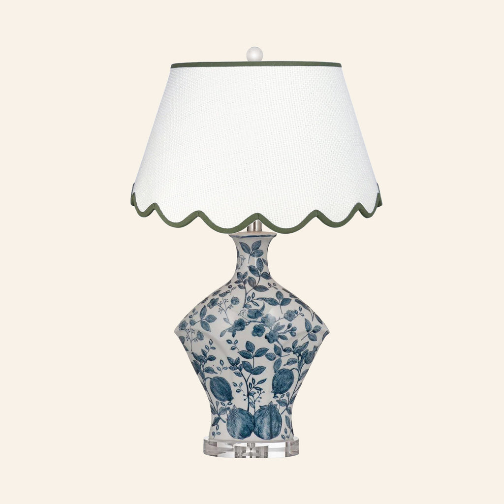 Georgiana blue and white chinoiserie ceramic table lamp with a Pemberton Green scalloped shade.
