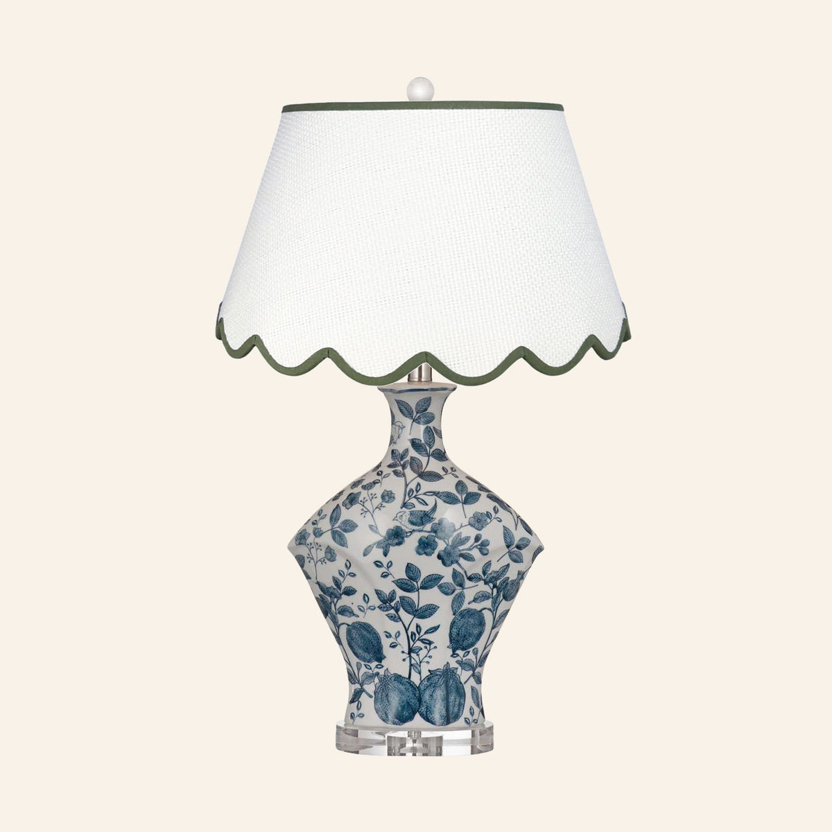 Georgiana blue and white chinoiserie ceramic table lamp with a Pemberton Green scalloped shade.