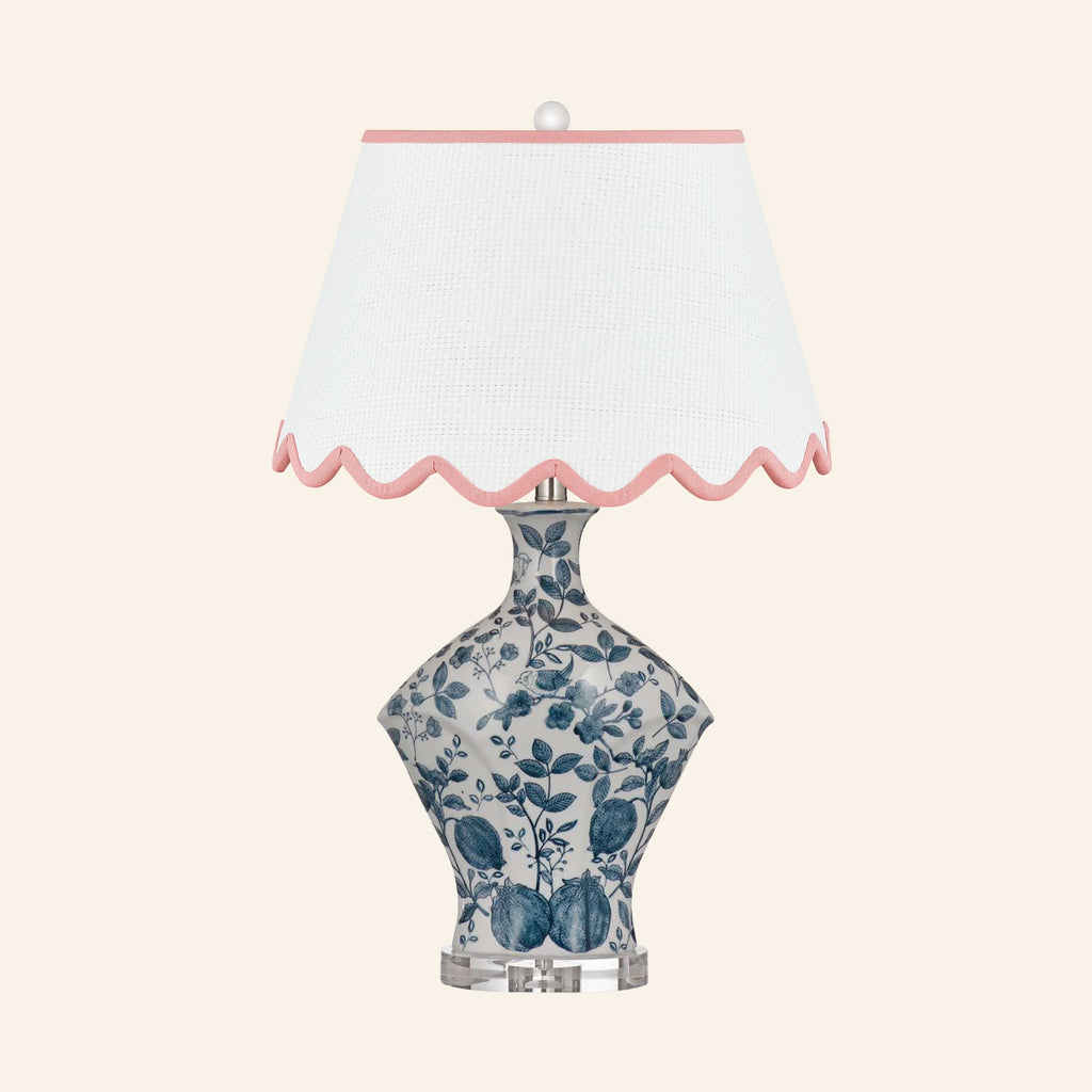 Georgiana blue and white chinoiserie ceramic table lamp with a Pemberton Pink scalloped shade.