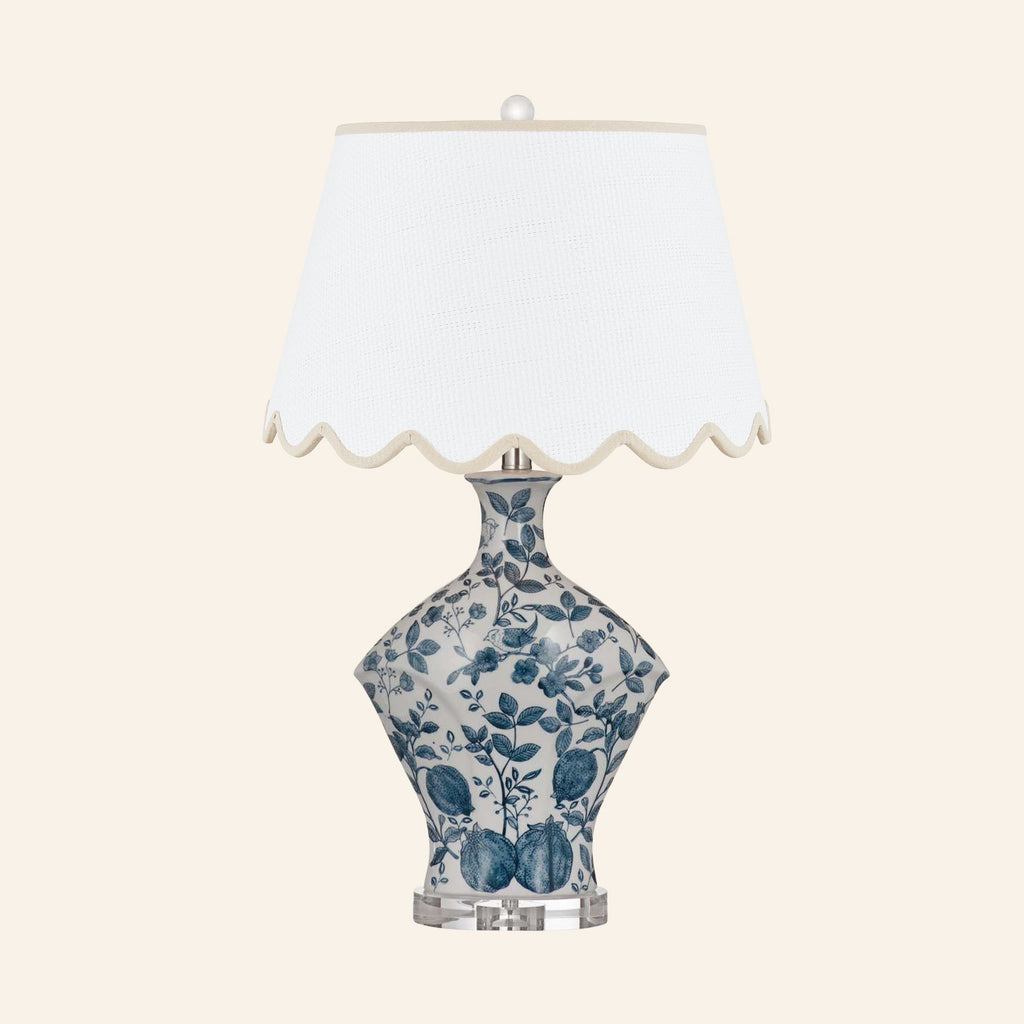 Georgiana blue and white chinoiserie ceramic table lamp with a Pemberton Tan scalloped shade.