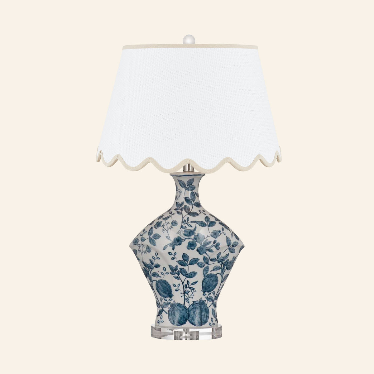 Georgiana blue and white chinoiserie ceramic table lamp with a Pemberton Tan scalloped shade.