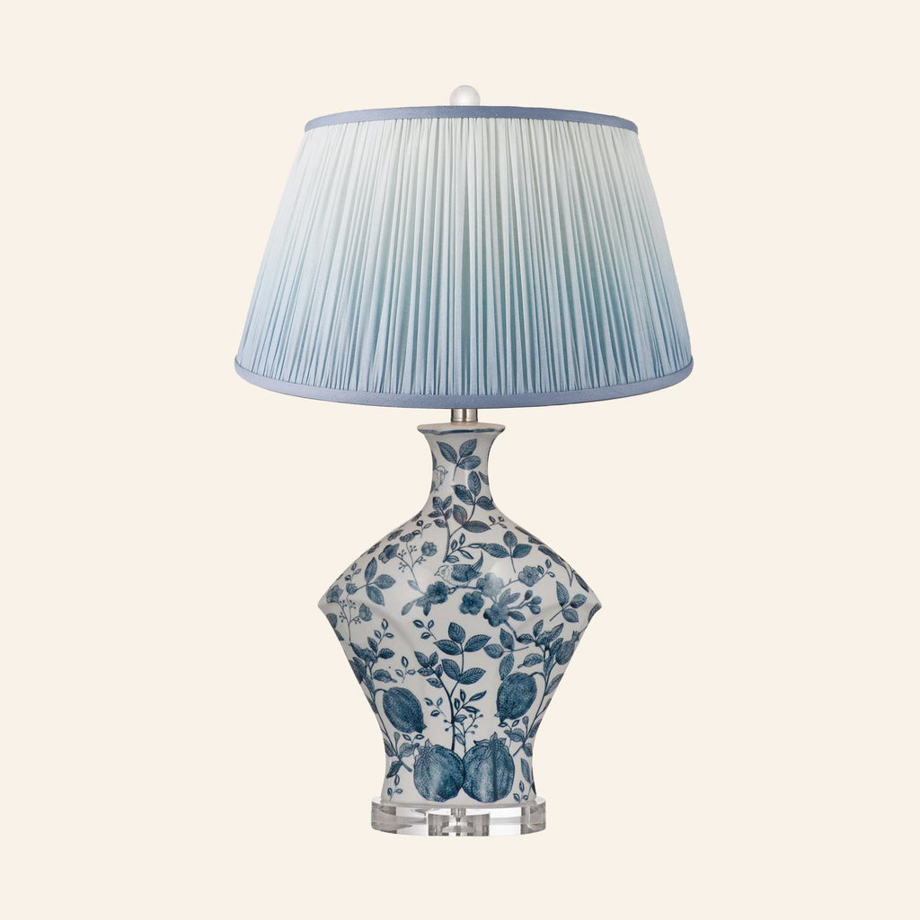 Georgiana blue and white chinoiserie ceramic table lamp with a Vale Blue ombre pleated shade.