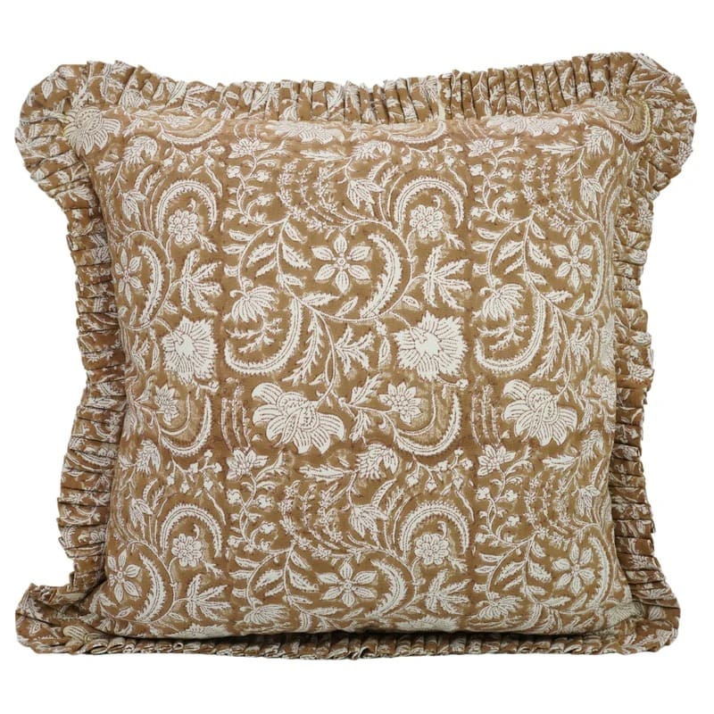The Stovall ruffled block print pillow cover in brown and white, cotton canvas