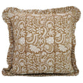 The Stovall ruffled block print pillow cover in brown and white, cotton canvas