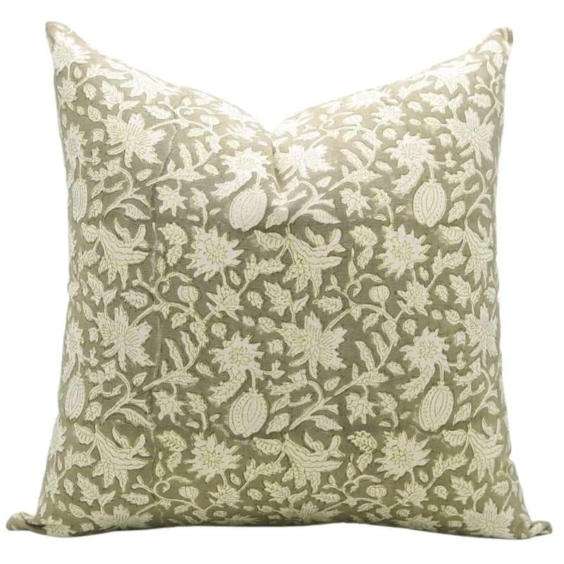 The Ansley block print pillow cover in olive green and beige, cotton canvas