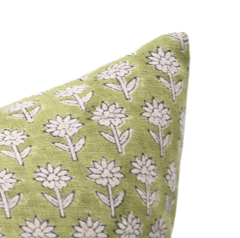 Hand block printed petal pattern on the Beechwood heavyweight linen pillow cover