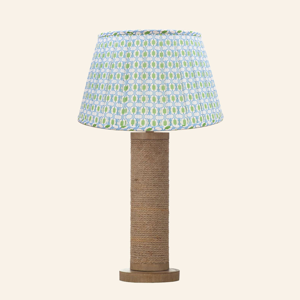 Harriet natural rope wrapped column table lamp with an Ashford blue and green print pleated shade.