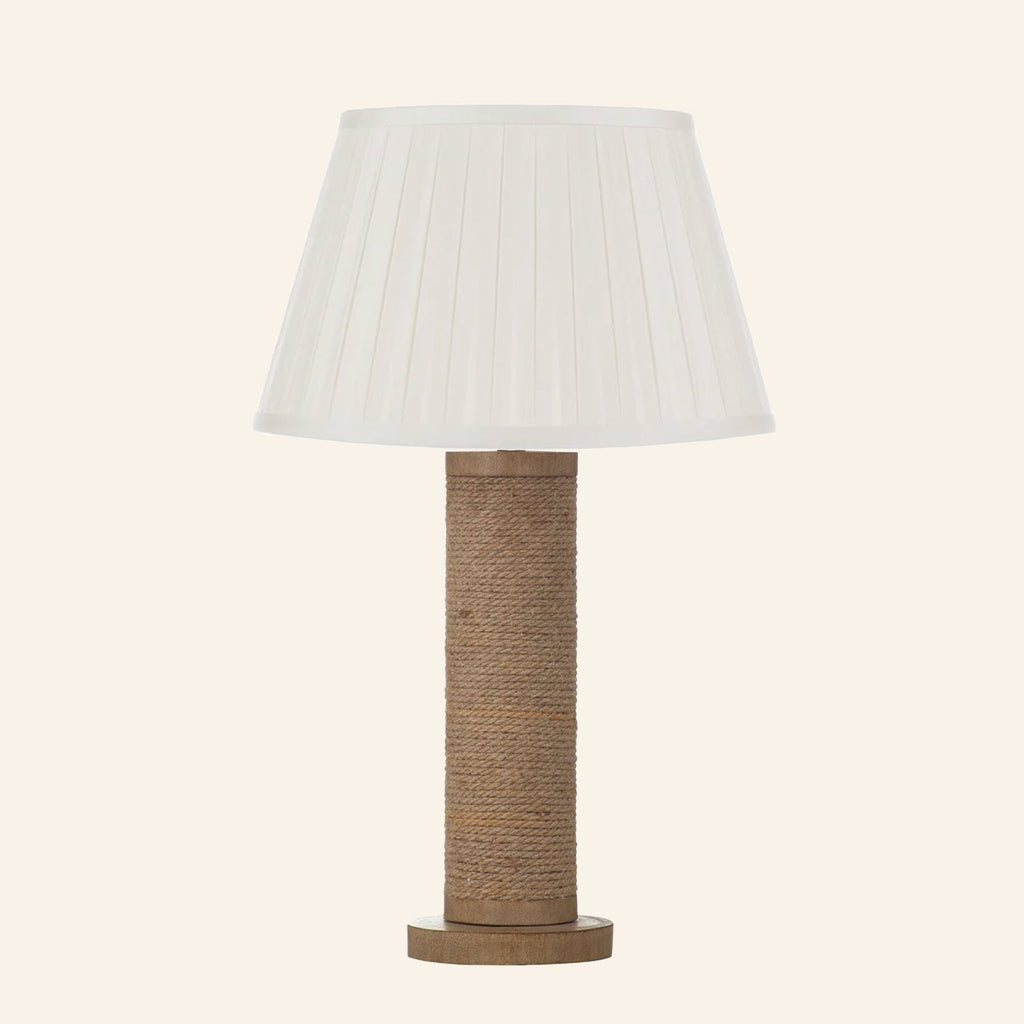 Harriet natural rope wrapped column table lamp with a Brook Cream silk box pleat shade.