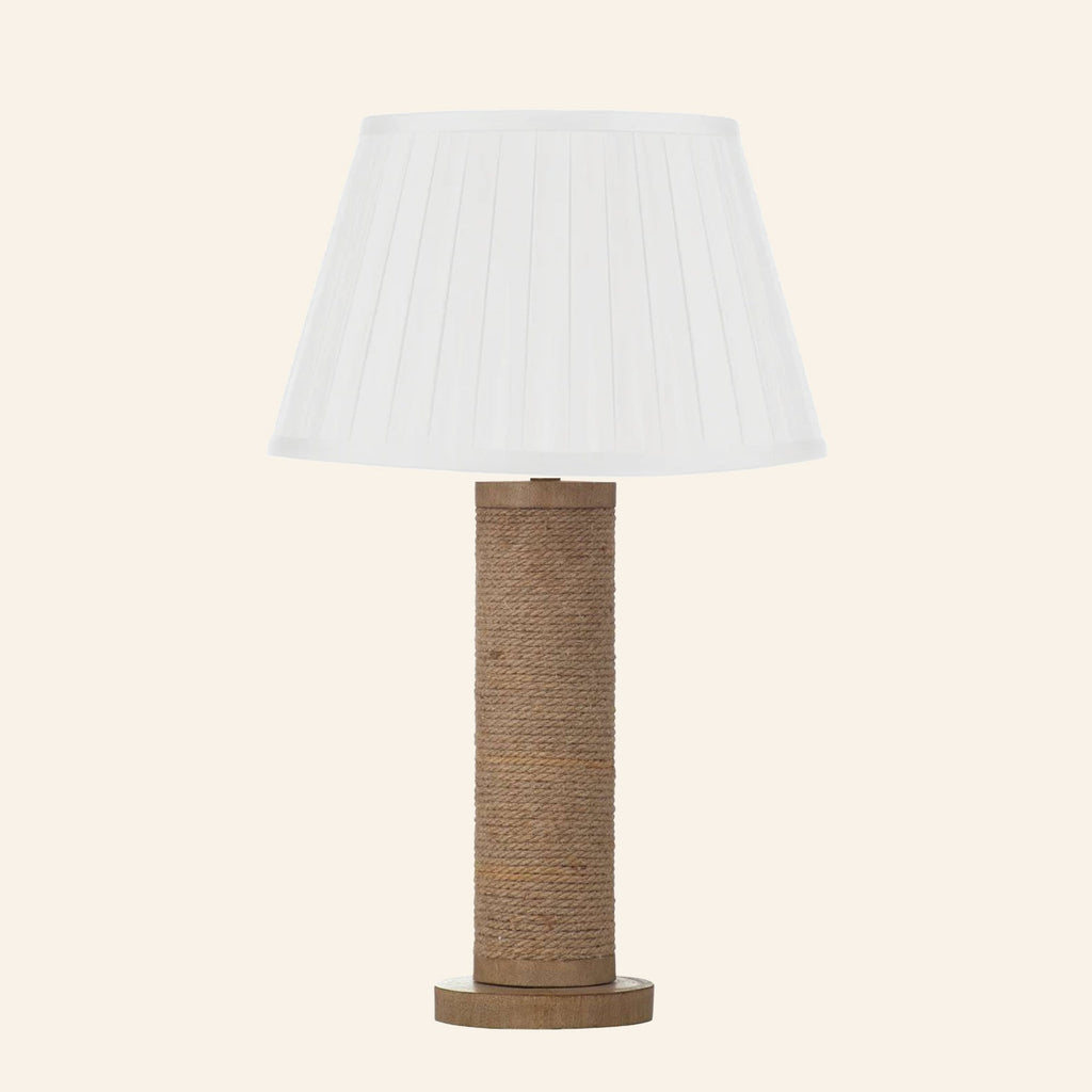 Harriet natural rope wrapped column table lamp with a Brook Off-White silk box pleat shade.