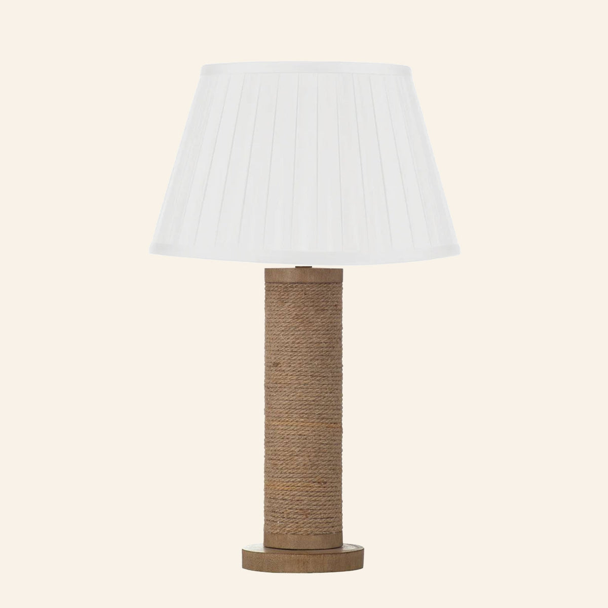 Harriet natural rope wrapped column table lamp with a Brook Off-White silk box pleat shade.