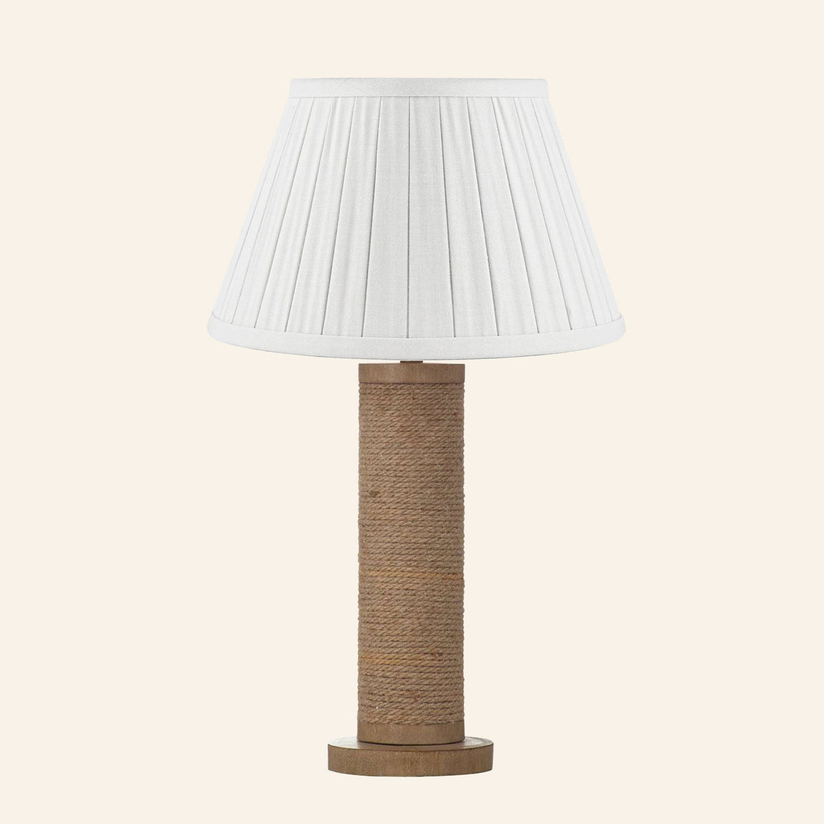 Harriet natural rope wrapped column table lamp with a Heath White linen box pleat shade.