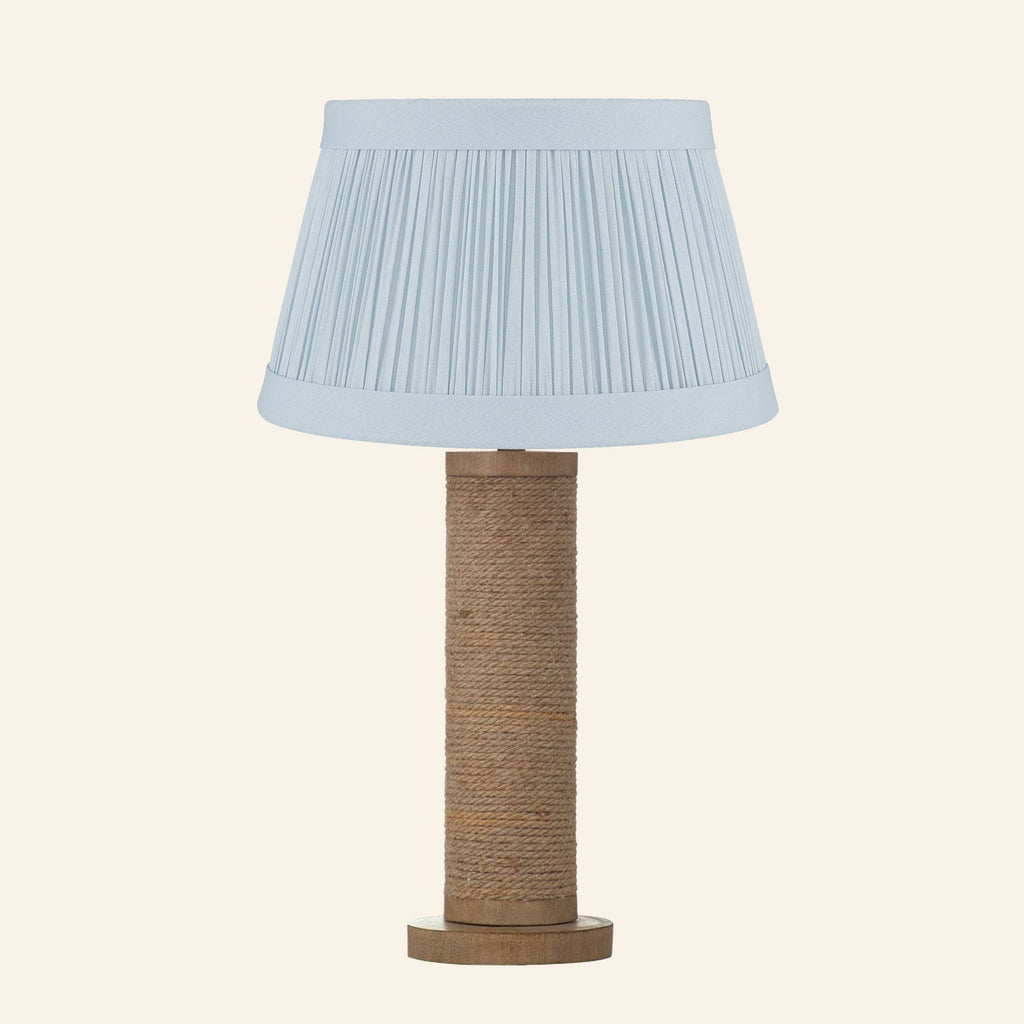 Harriet natural rope wrapped column table lamp with a Hill Blue linen pleated shade.