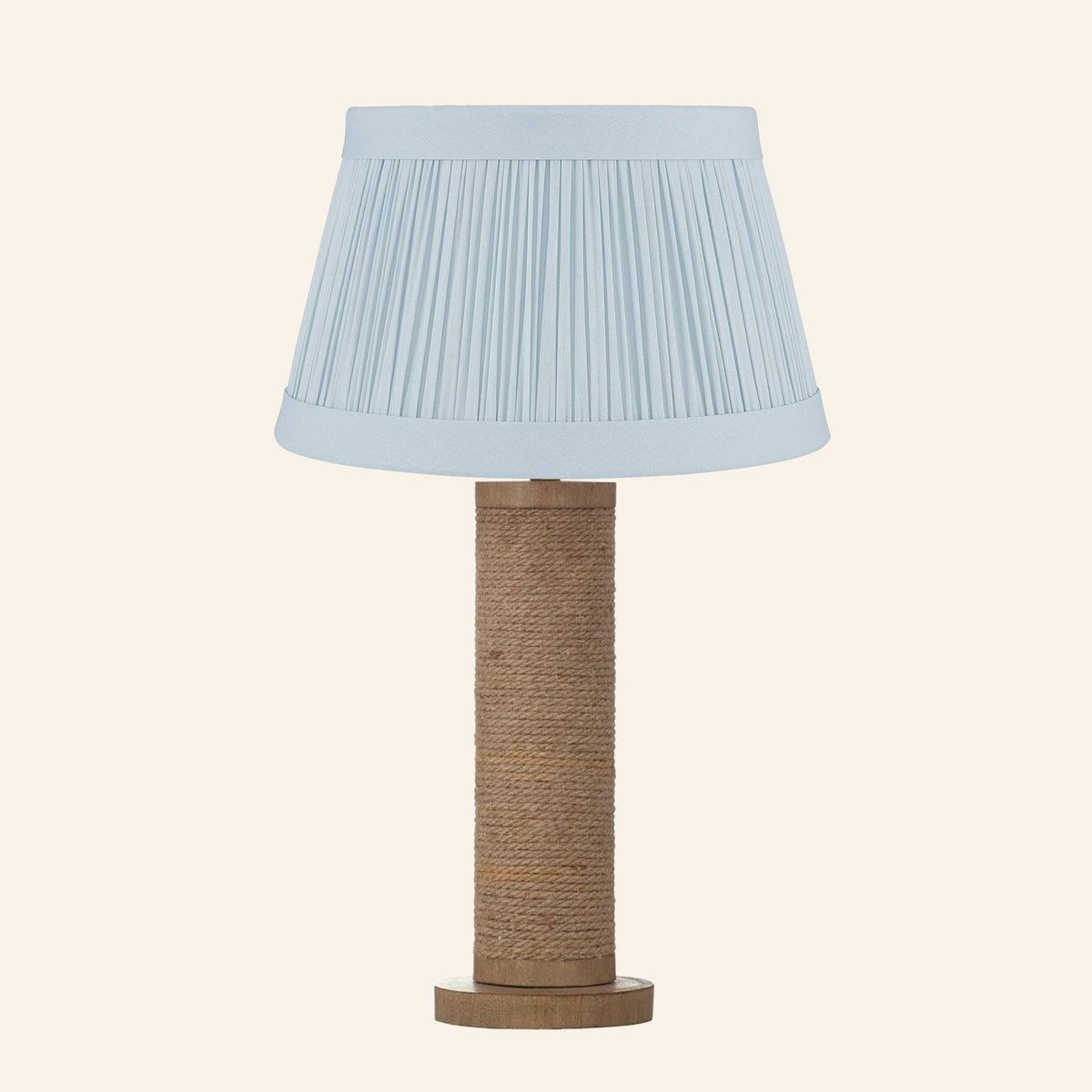 Harriet natural rope wrapped column table lamp with a Hill Blue linen pleated shade.
