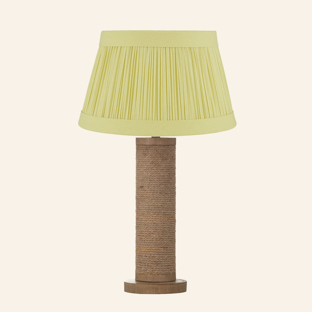 Harriet natural rope wrapped column table lamp with a Hill Citron linen pleated shade.