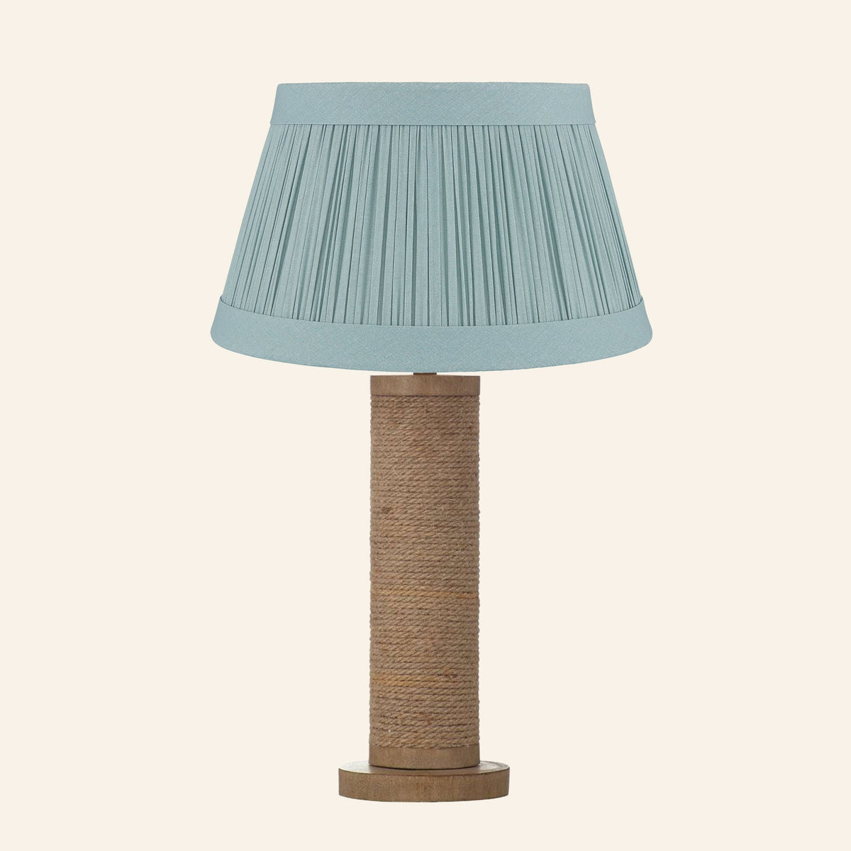 Harriet natural rope wrapped column table lamp with a Hill Teal linen pleated shade.