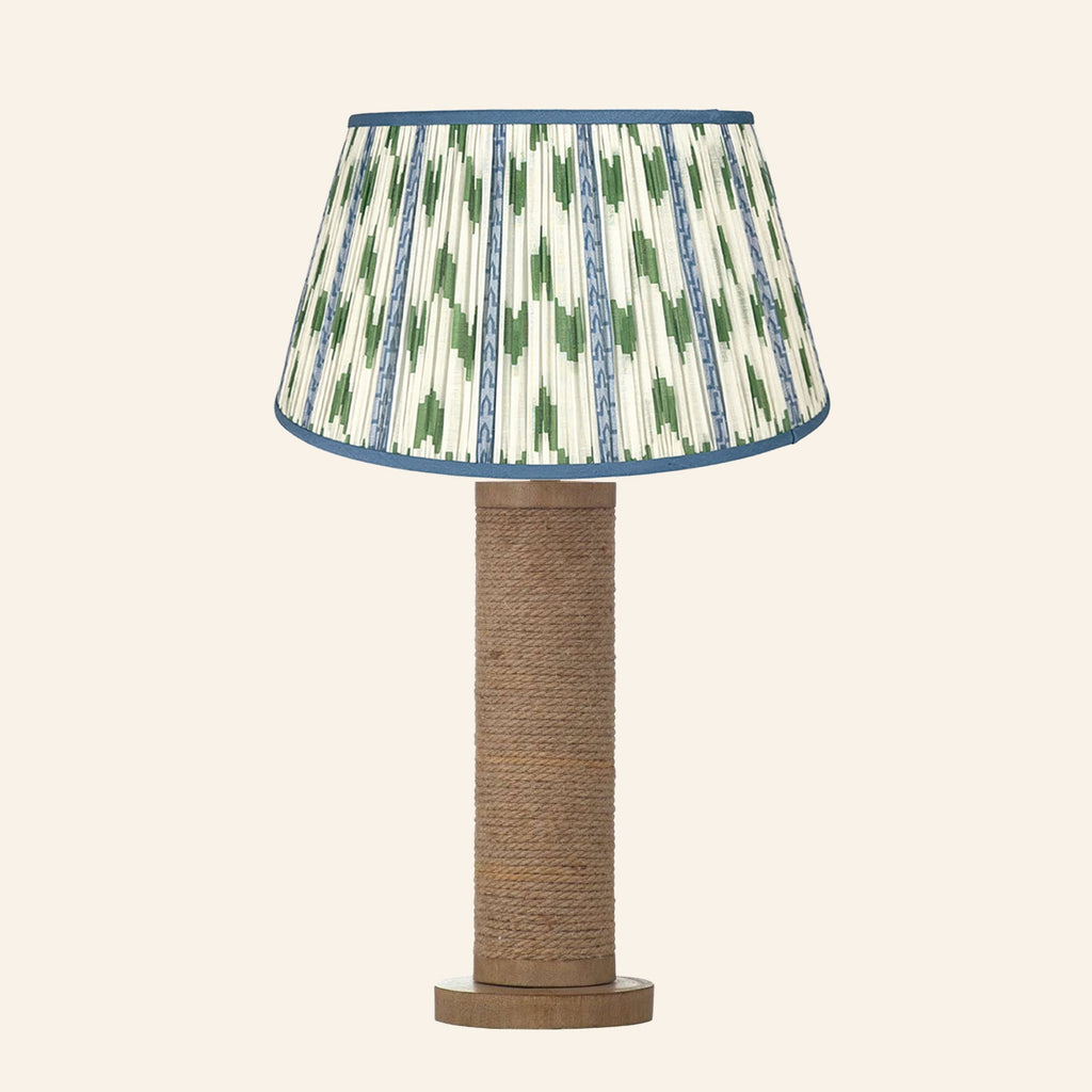 Harriet natural rope wrapped column table lamp with a Millbrook blue and green ikat pleated shade.