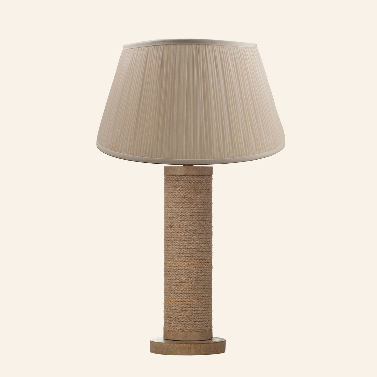 Harriet natural rope wrapped column table lamp with a Park Taupe silk pleated shade.