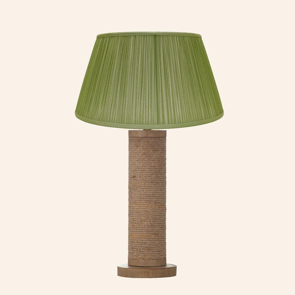 Harriet natural rope wrapped column table lamp with a Park Green silk pleated shade.