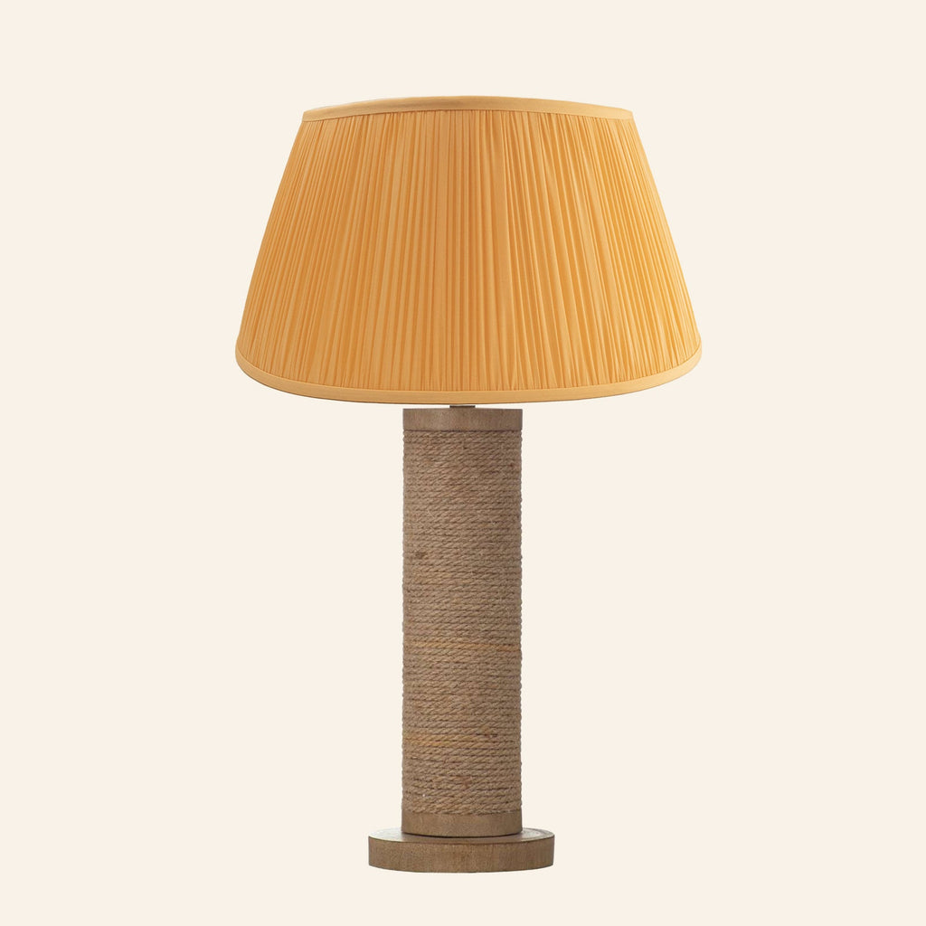 Harriet natural rope wrapped column table lamp with a Park Orange silk pleated shade.