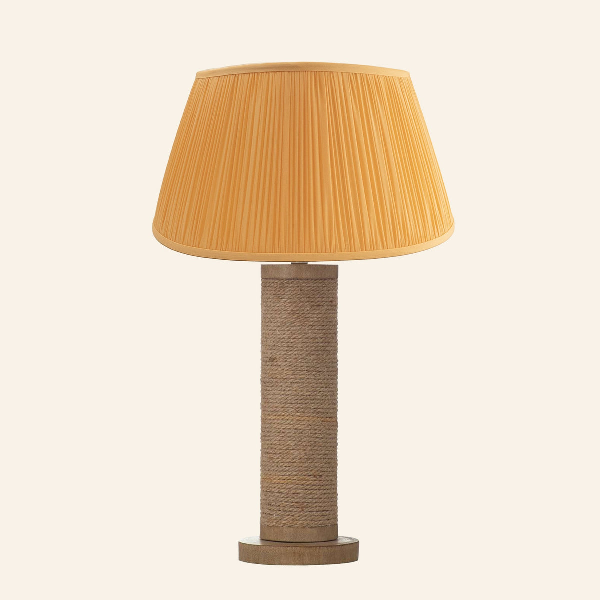 Harriet natural rope wrapped column table lamp with a Park Orange silk pleated shade.