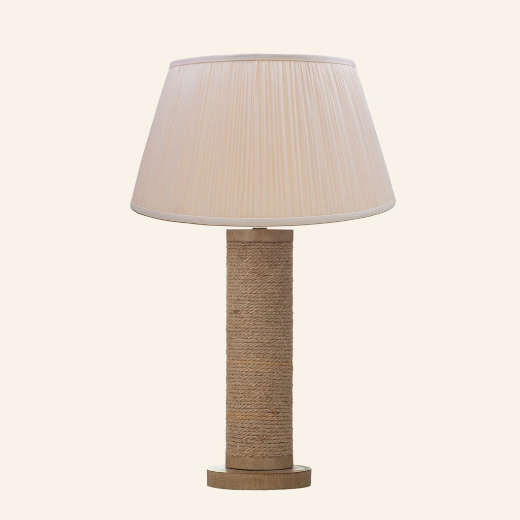 Harriet natural rope wrapped column table lamp with a Park Peach silk pleated shade.