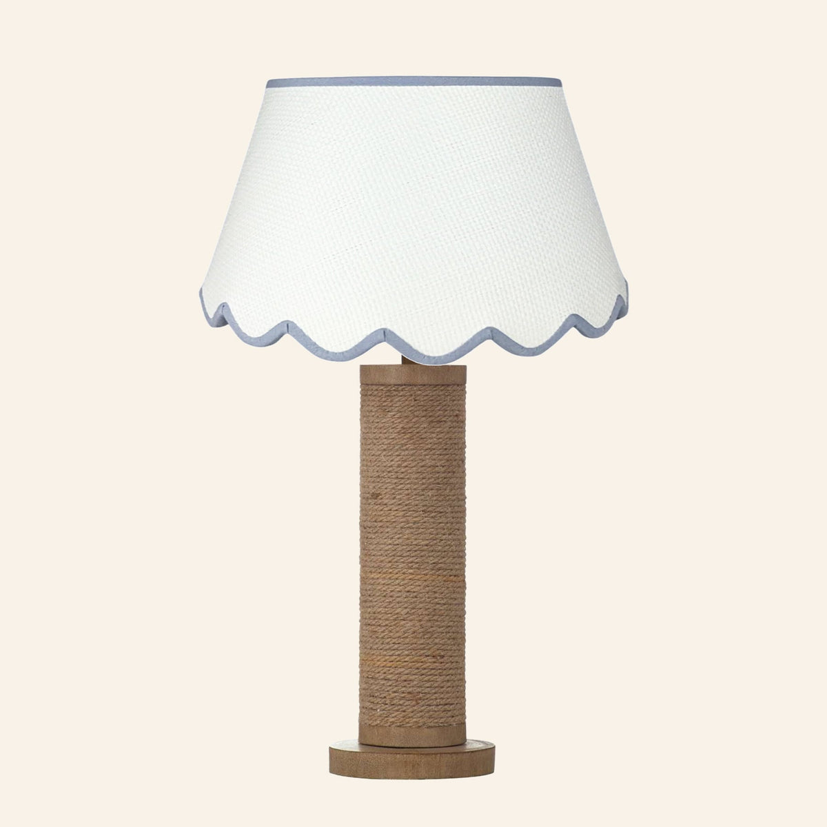 Harriet natural rope wrapped column table lamp with a Pemberton Blue scalloped shade.