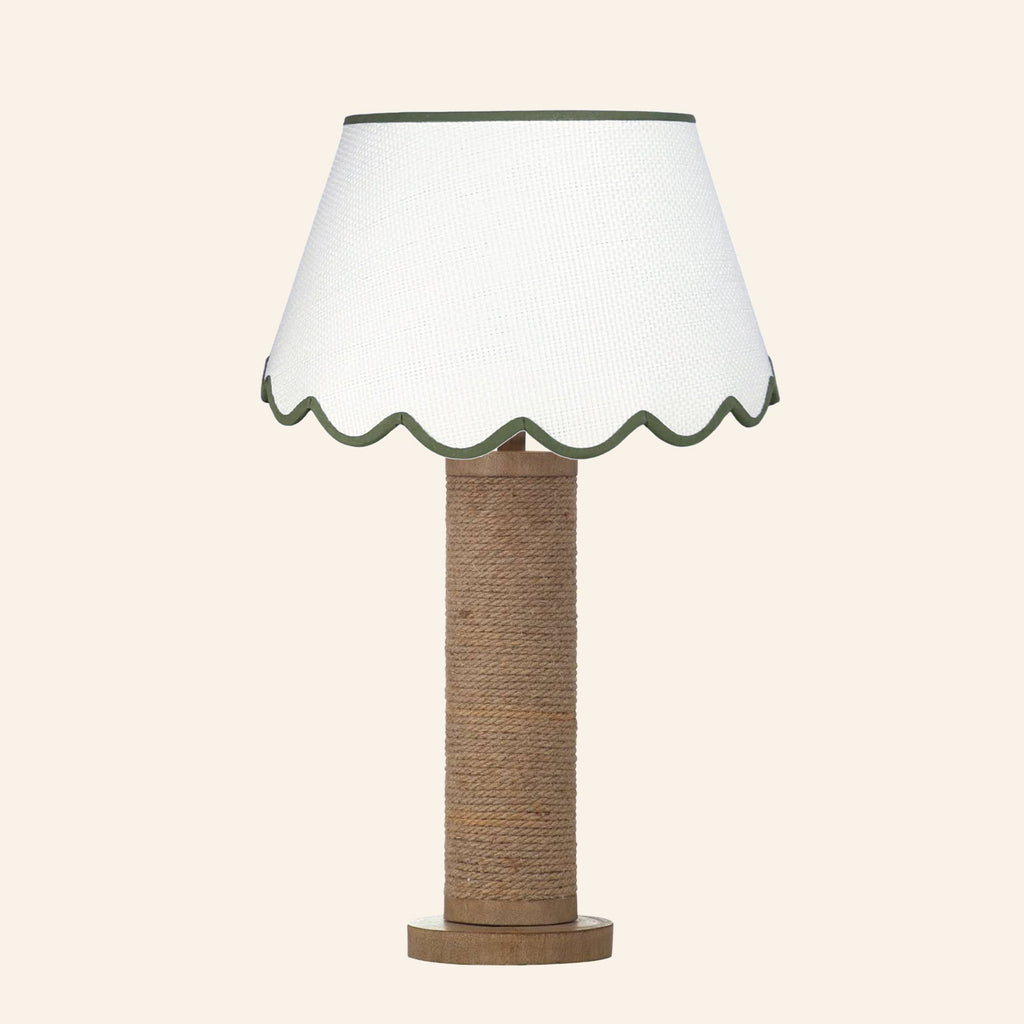 Harriet natural rope wrapped column table lamp with a Pemberton Green scalloped shade.