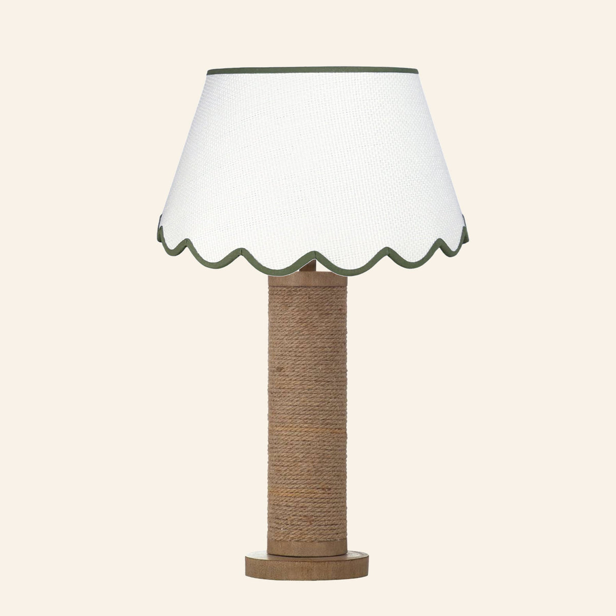 Harriet natural rope wrapped column table lamp with a Pemberton Green scalloped shade.