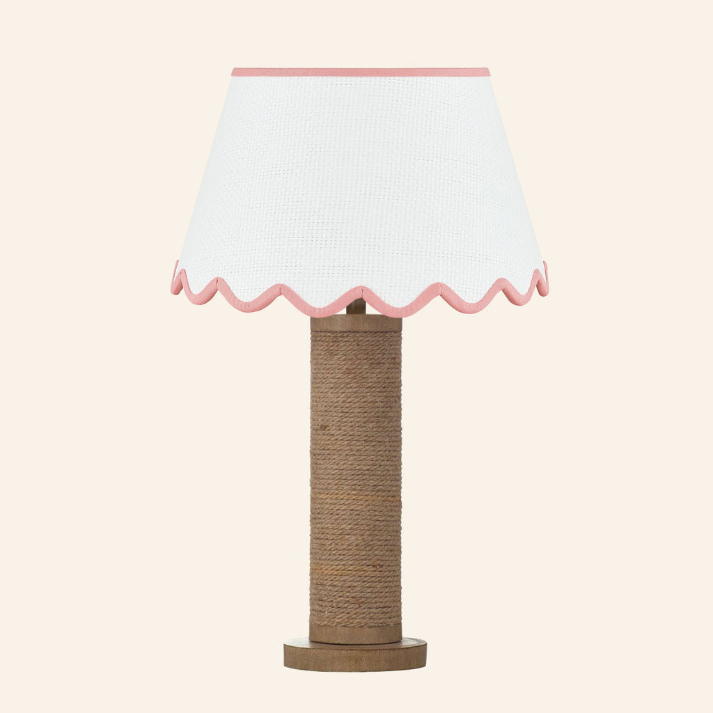 Harriet natural rope wrapped column table lamp with a Pemberton Pink scalloped shade.