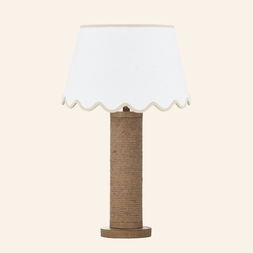 Harriet natural rope wrapped column table lamp with a Pemberton Tan scalloped shade.