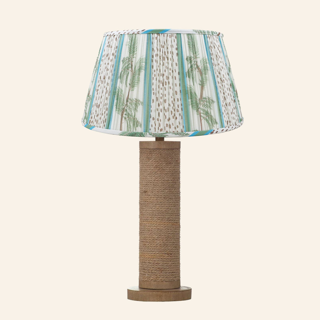 Harriet natural rope wrapped column table lamp with a Pinehurst blue and green print pleated shade.