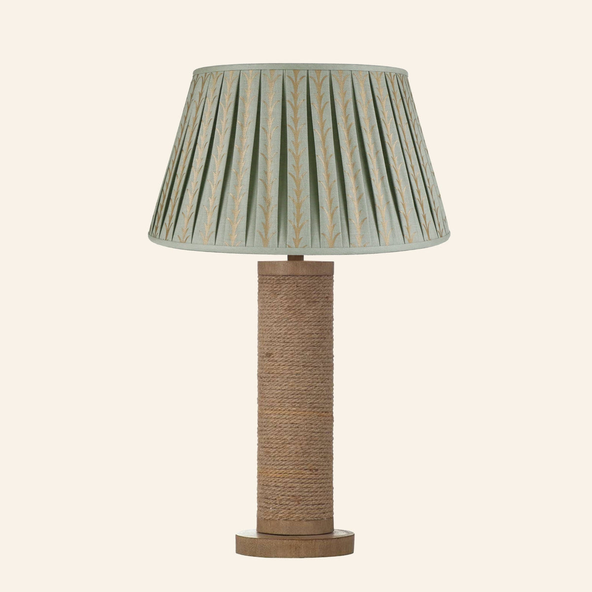 Harriet natural rope wrapped column table lamp with a Rosemary green and gold print pleated shade.