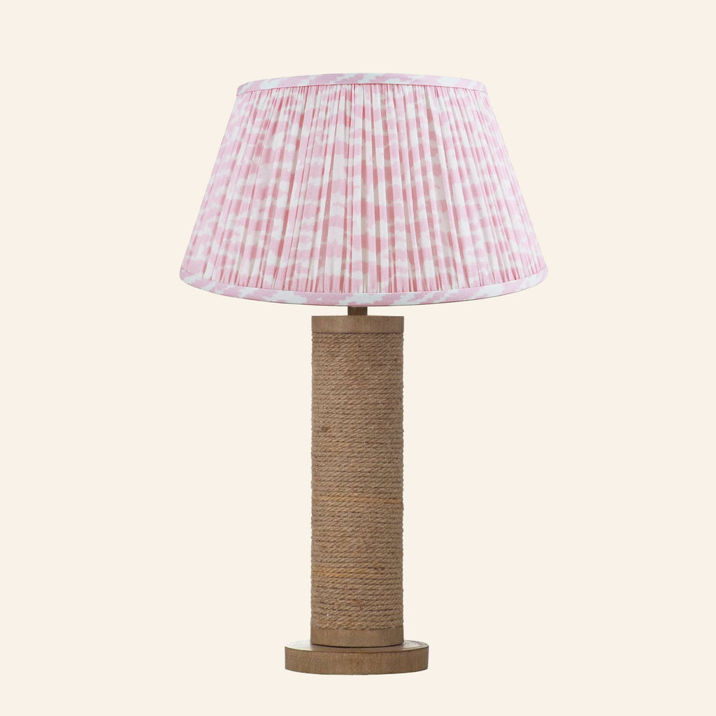 Harriet natural rope wrapped column table lamp with a Rosewood Pink print pleated shade.