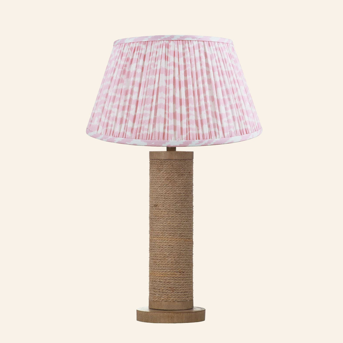 Harriet natural rope wrapped column table lamp with a Rosewood Pink print pleated shade.